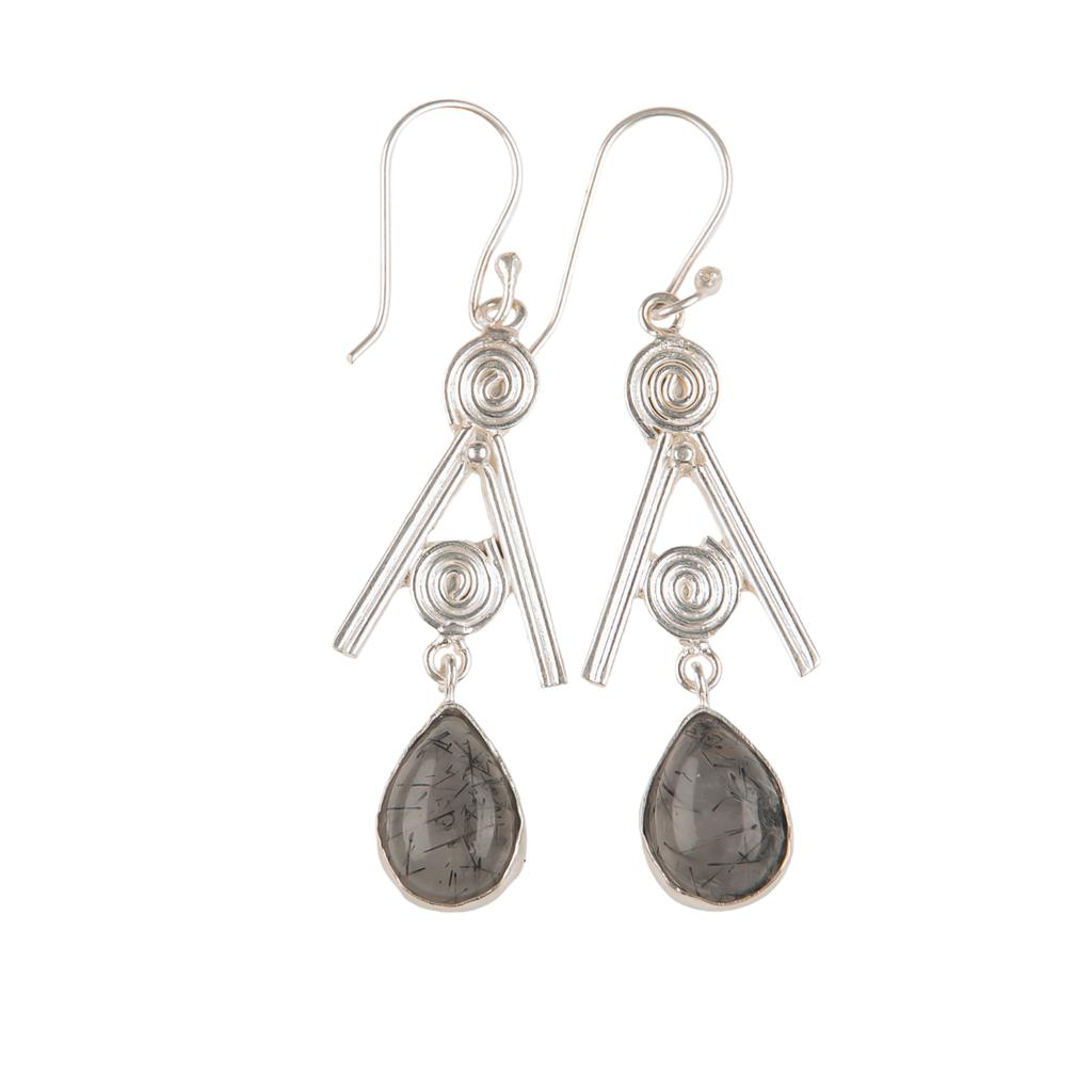 Rare Black Rutile Gemstone 925 Sterling Silver Jewelry Handcrafted Earrings 2.4" EE-86-23