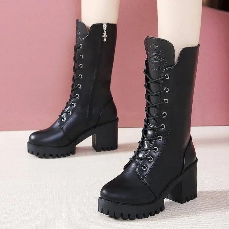 Women's Boots Hot Top 2024 Chunky Platform Pu High Heels Retro Punk Increasing Long Warm Winter Super Star Non Slip Rain Shoes
