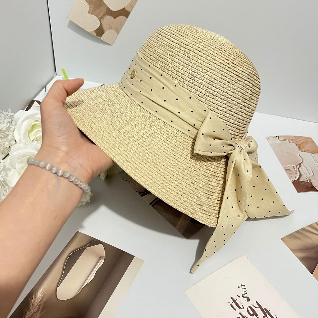 New summer big eaves hat polka dot female bow straw hat sunshade bucket hat travel seaside sunscreen basin