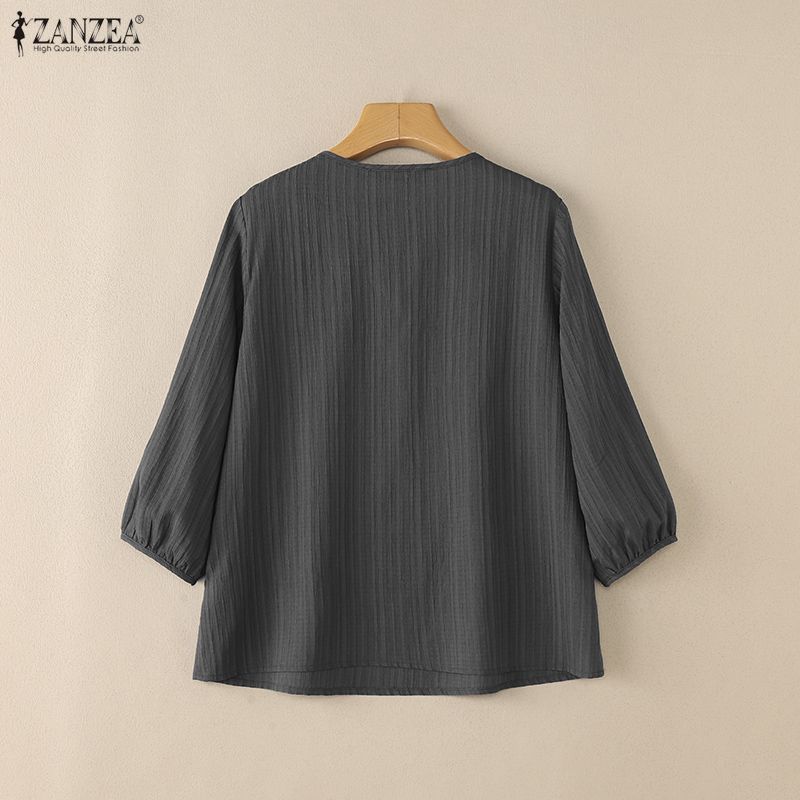 ZANZEA Women Casual Round Neck 3/4 Sleeve Loose Blouse