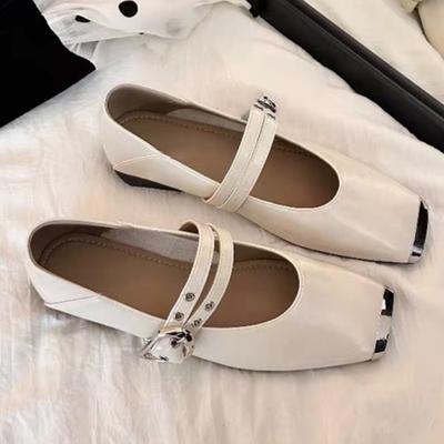 Fashion Spring New Single Shoes Women Fashion Metal Square Head Shallow Mouth Rivets Metal Buckle Soft Sole Non-slip Low Heel Shoes