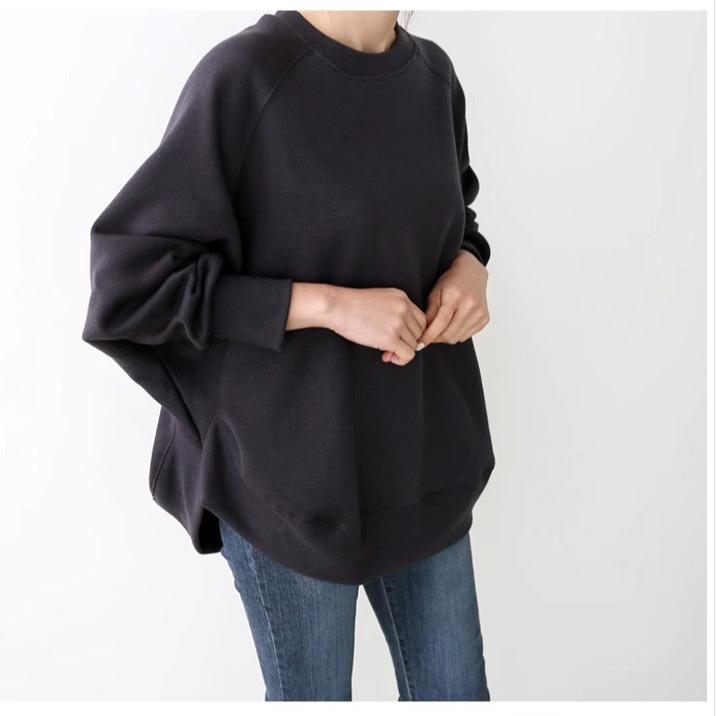 Japanese Korean Lazy Style Commute Design Autumn Hoodie Women Slit Round Neck Long Sleeve Base Layer