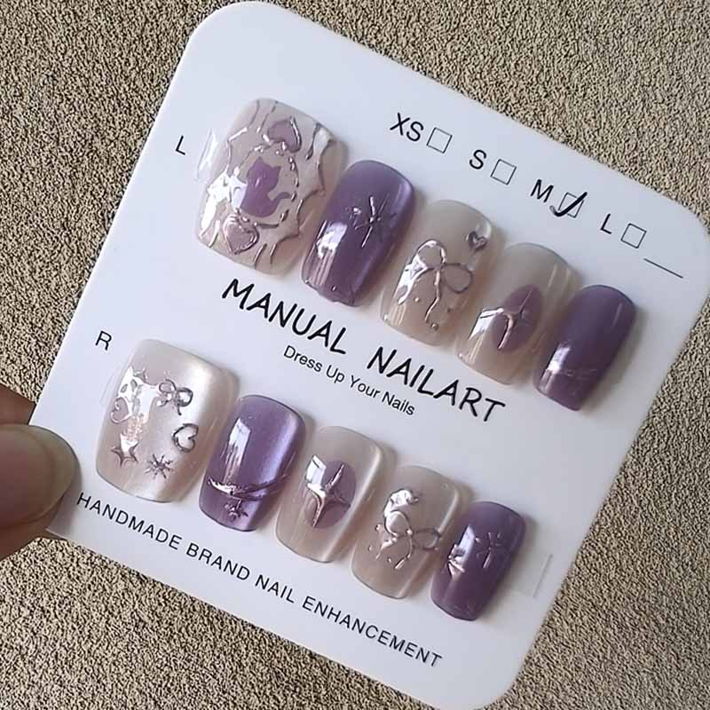 10 Pcs French Chic Handmade Press On Nails 3D Cat Eye Heart Bow Star Cute Detachable Fake Nails