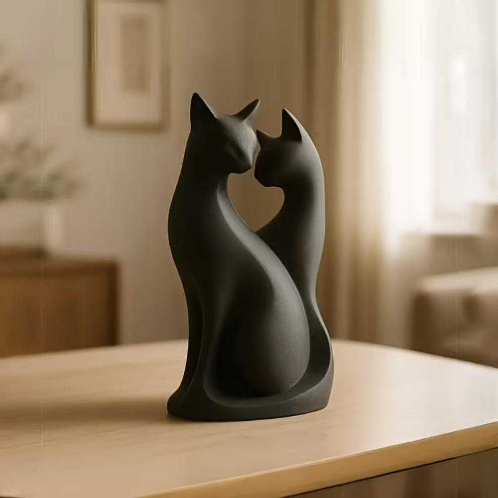 3D Printed Couple Cat Statue - Cute Black Abstract Modern Home, Valentine's Day Gift Suitable for Office Desk Decoration
