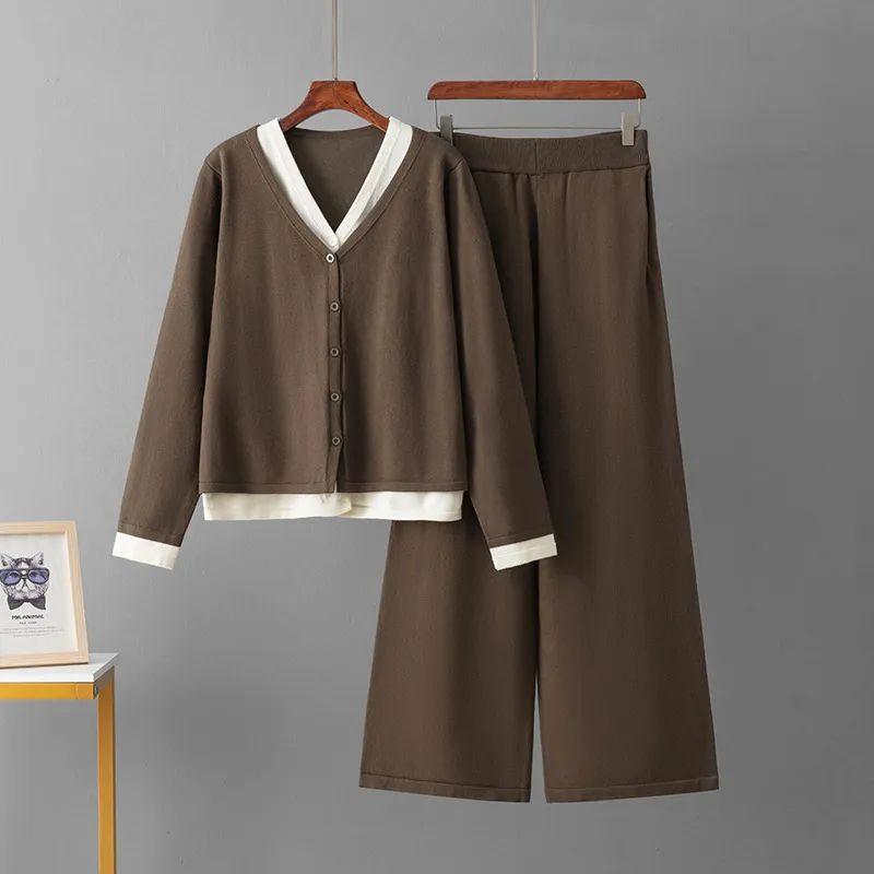 

Cross-Border Temu Supply Blazer Set Autumn and Winter Solid Fashion Top Cardigan Wide-Leg Pants Two-piece Set Women Coffee All yards