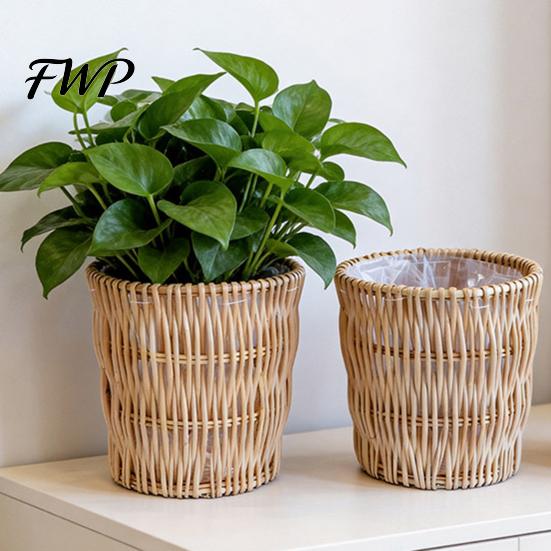 Balcony Desktop Plant Organizer Boho Wicker Planter, Handwoven Flower Pot with Waterproof Lining, Basket Planter Rustic Storage for Indoor Plants