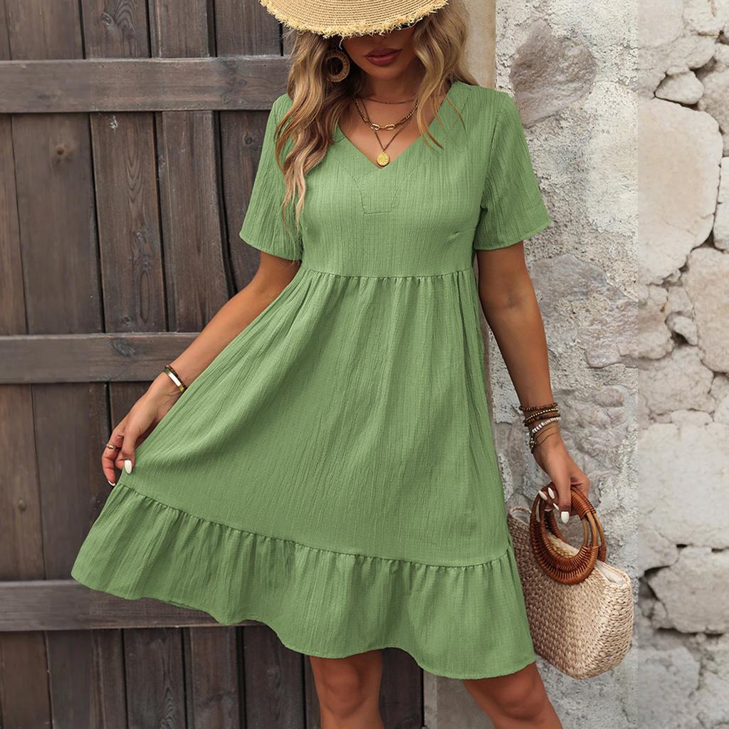 Women's Solid Color Summer Skirt Loose Casual Short Sleeve High Waist Dress