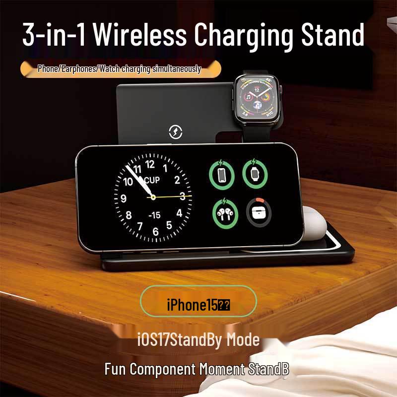 15W Foldable 3-in-1 Wireless Charging Stand for Apple & Android Phones