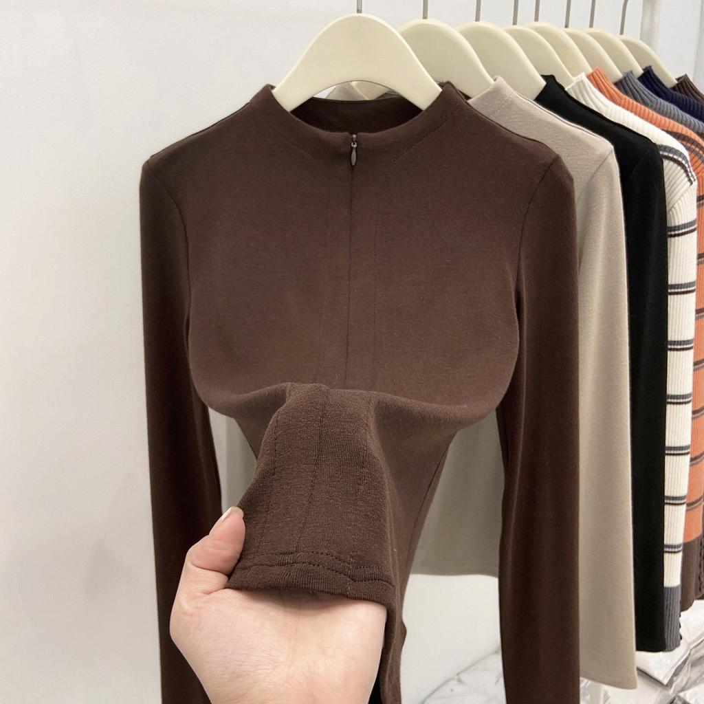 Women's Slim-Fit Yoga Sport Base Layer T-shirt with Half-Zip Collar for Autumn/Winter - Plush, Brushed Long-Sleeve Inner Top