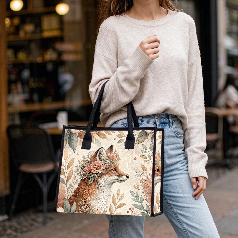 Floral Fox Print Tote Bag Casual Daily Carry Bag Lightweight Shoulder Bag for Shopping Travel