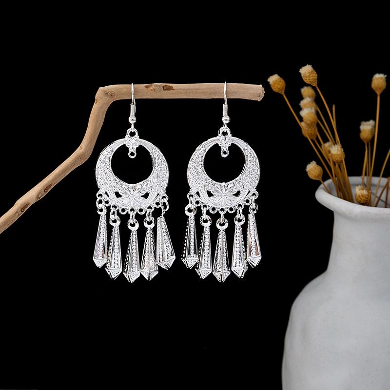 Imitation Miao Silver Ethnic Long Leaf Tassel Dangle Earrings