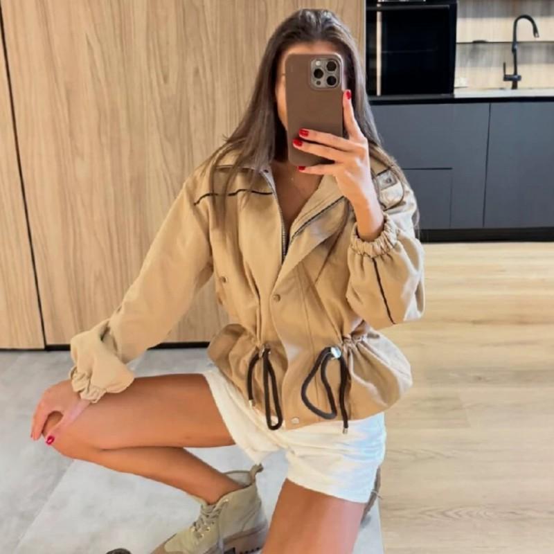 Womens French Retro Stand Collar Windproof Short Trench Coat Small Size Slim Fit Workwear Style
