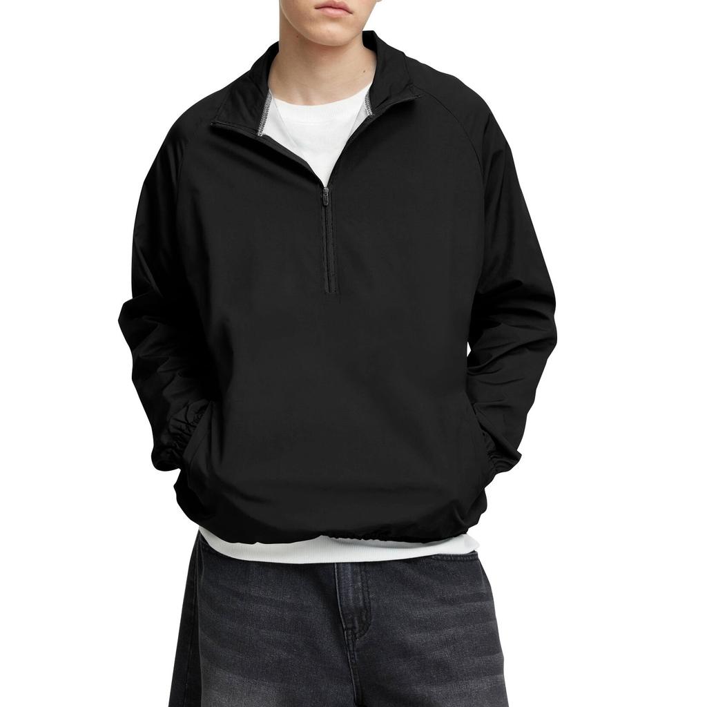 Men's Winter Solid Color Stand Collar Half Zip Raglan Sleeve Long Sleeve Top