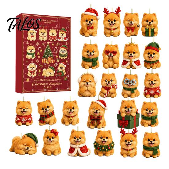 24 Day Countdown Calendar Pomeranian Christmas Countdown, 24-Day Advent with 2D Acrylic Tabletop Ornaments Dog Ornaments, Tree Hanging Decor, Gift for
