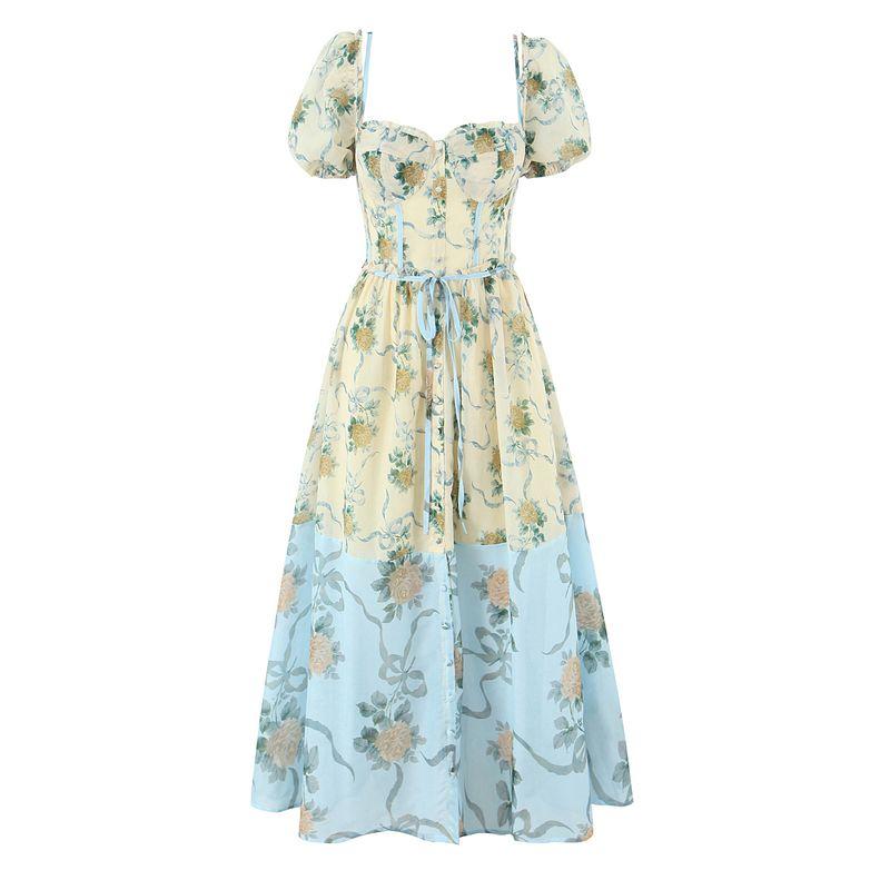 

Flower Wild Story House Same Style Beautiful Romantic Bohemian Style Patchwork Floral Puff sleeve Mid-Length Dress Yellow and blue Patchwork flowers L