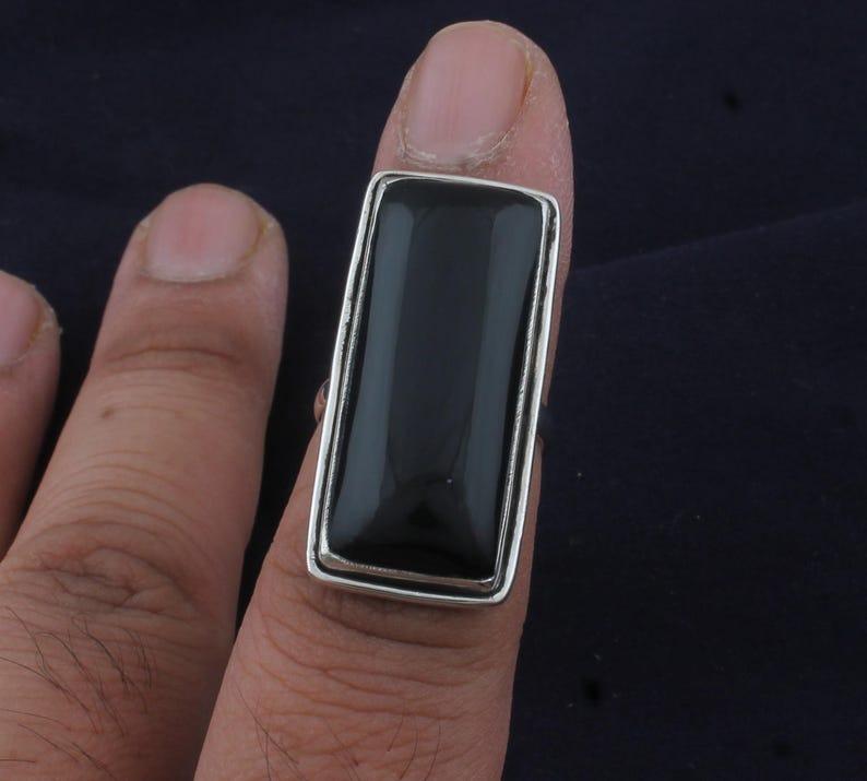 Solid 925 Sterling Silver Black Onyx Rectangle Gemstone Ring Large Ring Unisex Gift Designer Ring