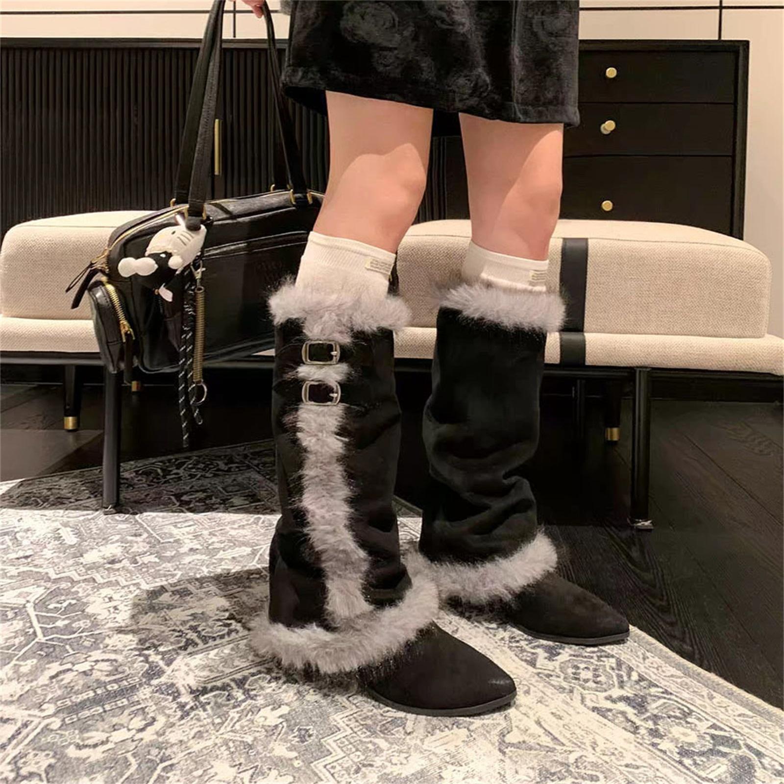 

Women s Fashion Plus-Size Pointed-Toe Furry Warm Knee-High Vintage Boots 38 чорний