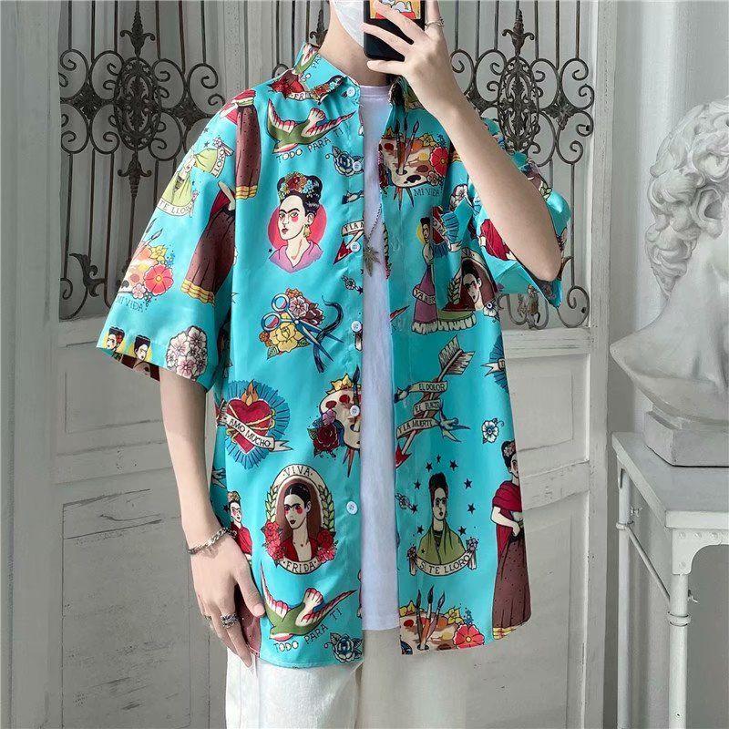 Men's Harajuku-Style Retro Floral Short-Sleeve Shirt: Hong Kong Ulzzang Beachwear with Sun Protection, Perfect for Couples.