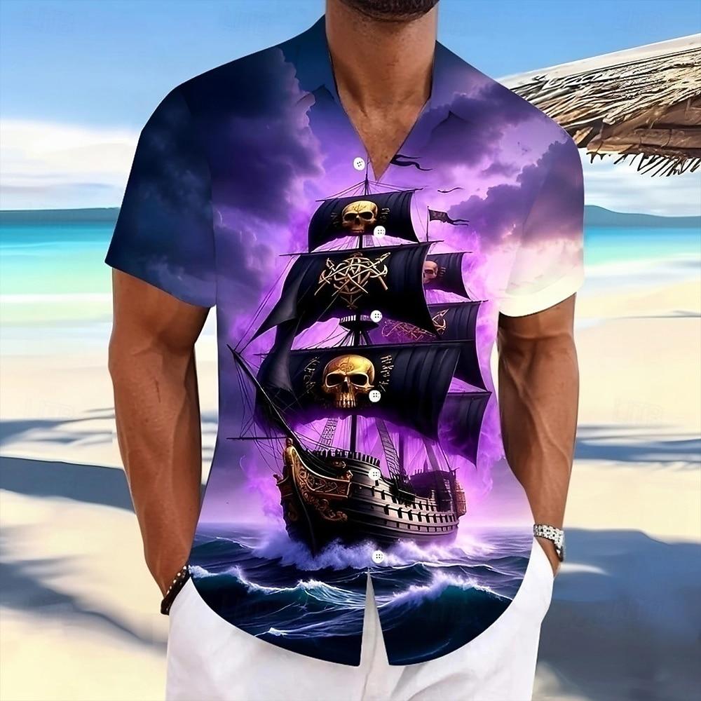 Men s Haunted Pirate Ship Ocean Sailboat Shirt Summer Shirt Button Up Shirt Short Sleeve S