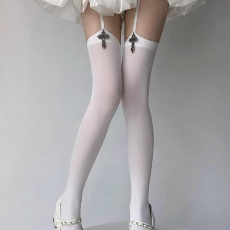 Lolita Gothic Cross Garter Stockings Velvet One-Piece Thigh High Socks Straps Elegant Black White Solid Color Over Knee Socks
