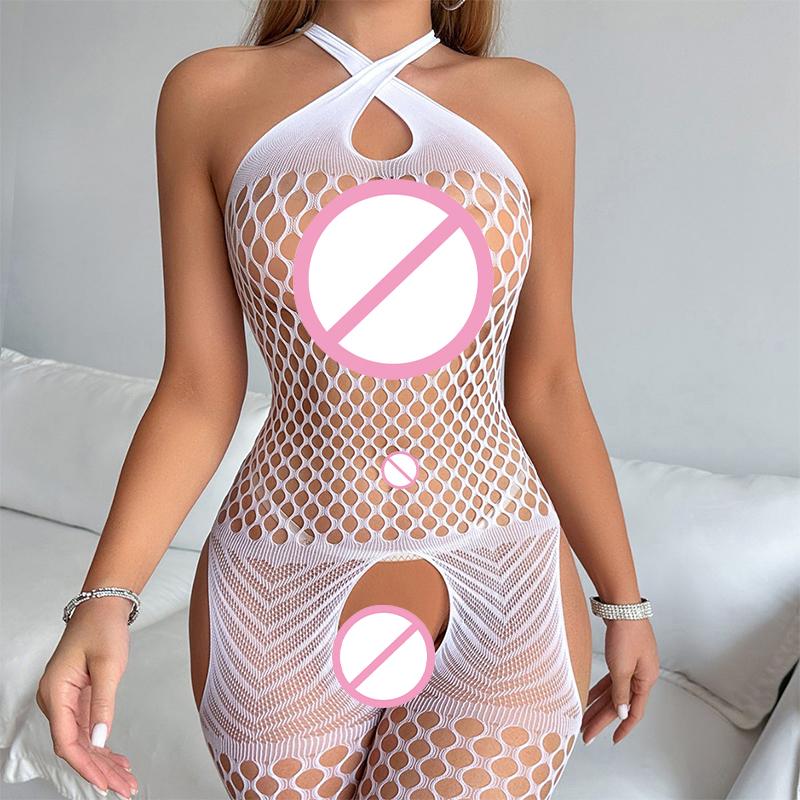 Black Open Crotch Conjoined Bodystockings Woman Sexy Lingerie Fishnet Bodysuit Fancy Underwear Costume