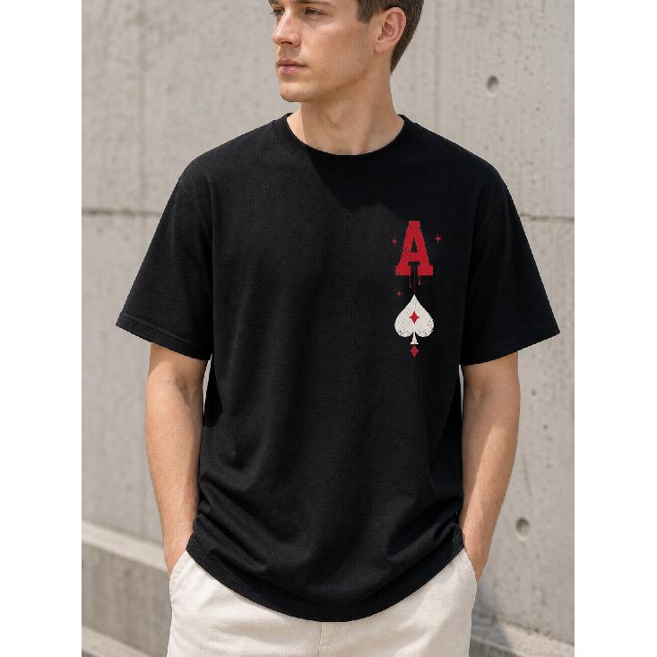 Men's Black Cotton T-shirt with Ace of Spades Graphic, Crew Neck, Short Sleeve, Relaxed Fit, Soft Breathable Fabric for Casual Streetwear