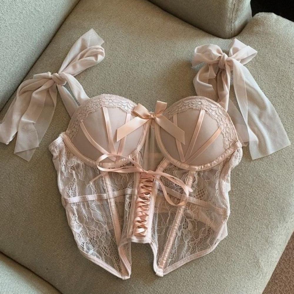 Hollow Mesh Women Lingerie Uniform Passionate Set Bow Lace Corset  Home Travel