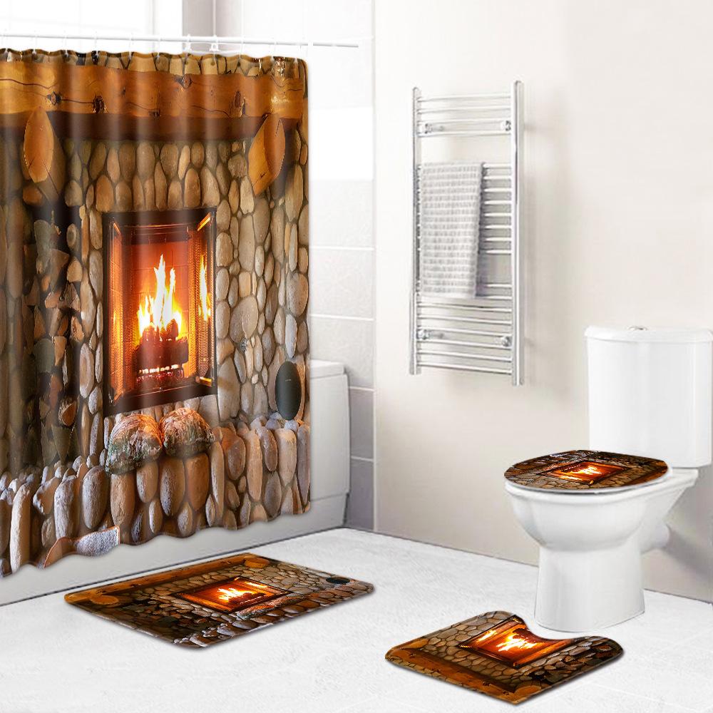 Christmas Toilet Seat Shower Curtain Four-Piece Printed Floor Mat Set Bathroom Floor Mat Bedroom Absorbent Door Mat Carpet