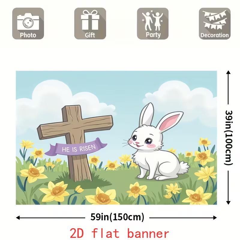 2D Religious Easter Cartoon Bunny Backdrop with Cross and Daffodils for Photoshoot