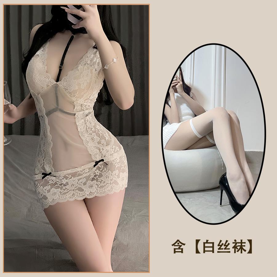 Sexy Underwear Pure Desire Perspective Mesh Lace Suspender Nightdress Sexy Inner Strap Deep V Nightdress