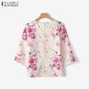 ZANZEA Damen Casual Rundhals 3/4 Ärmel Schlitzsaum Flora bedruckte Bluse