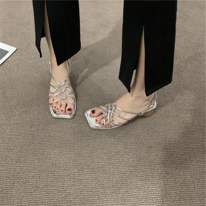 Fashion New Round Heel Sandals for Women Fashion Leather Square Head Cross Thin Belt Set Foot Anti-slip and Wear Heel Shoes