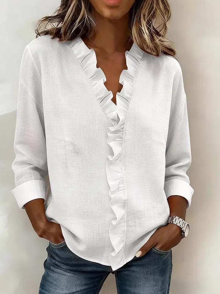 European Spring 2026 Women's Ruffle Trim Long-Sleeve Cotton Shirt