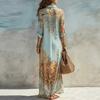 Women's Boho Printed Shirt 46085 Sleeve Maxi Dress Button