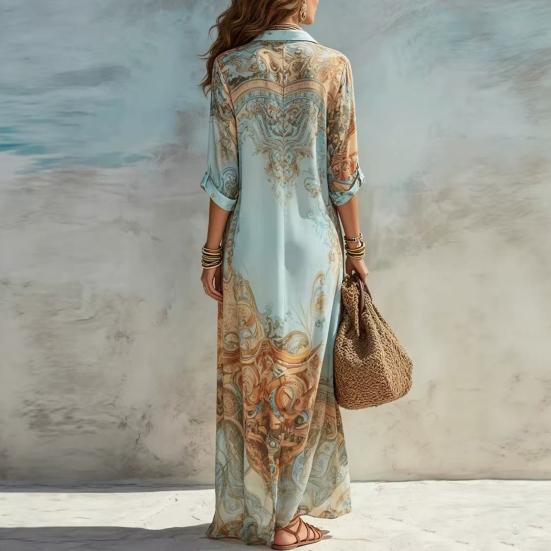 Women's Boho Printed Shirt 46085 Sleeve Maxi Dress Button