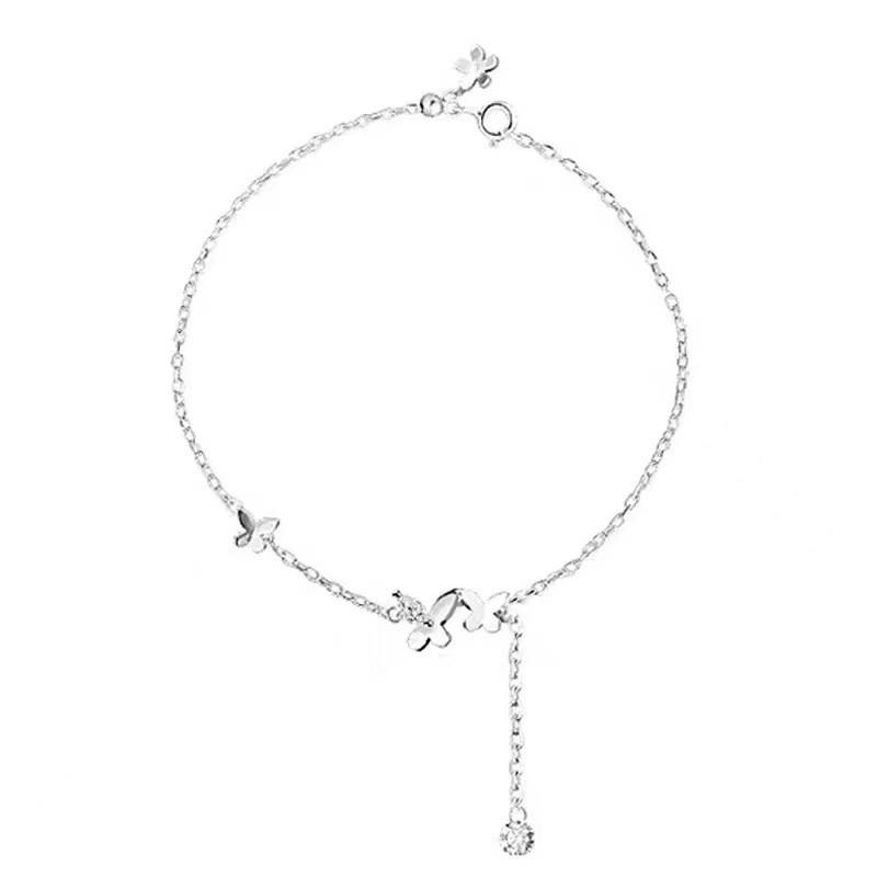 Sterling Butterfly Tassel Anklet With Rhinestone Accents Women Boho Chic Foot Jewelry