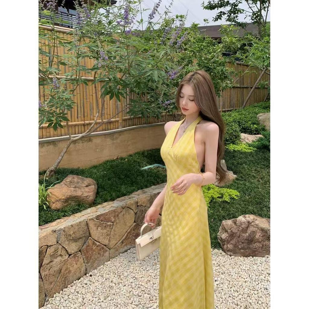 Summer French Plaid V-neck Halter Maxi Dress - Yellow Beach Style with Slim Waist