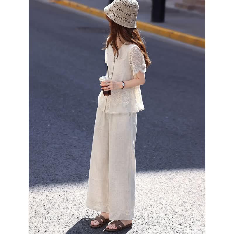 Lyocell & Linen Blend Lace Patchwork Shirt & Cropped Pants Set