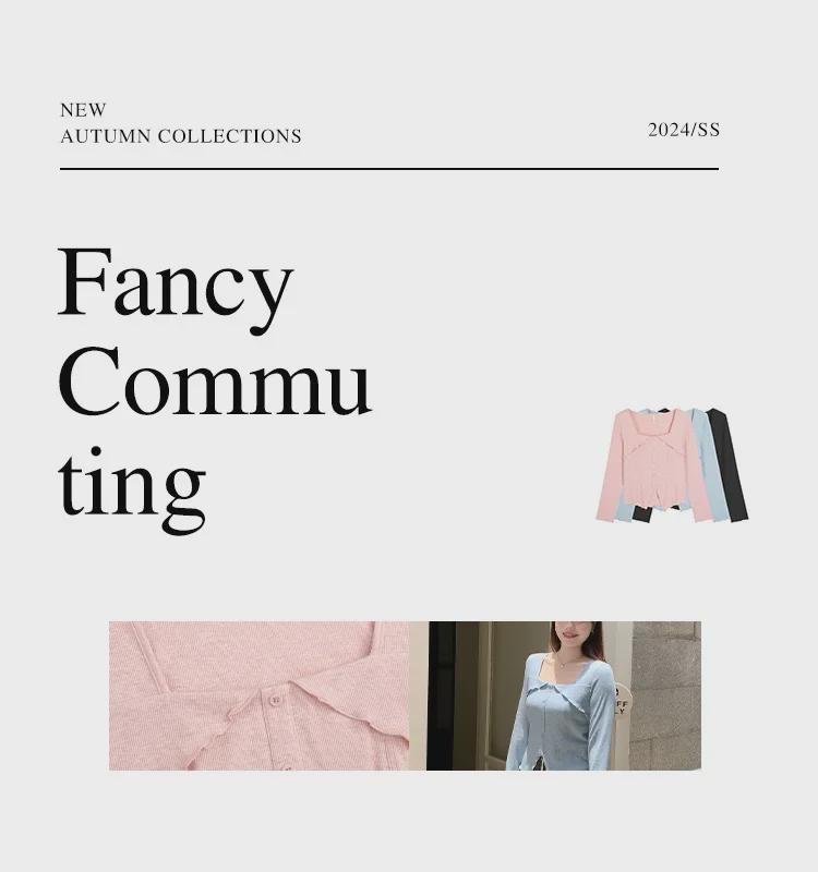 Women's Plus Size Square Collar Long-Sleeve Slimming T-Shirt for Spring