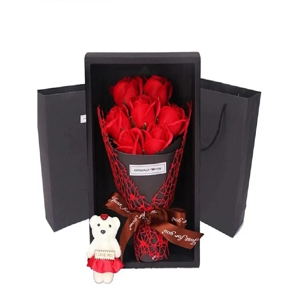 Valentinsdag Kunstige Blomster 7 Rose Såpebukett Gaveeske Teddybjørn Blomst Kreativ Valentinsdagsgave Hjemmedekor