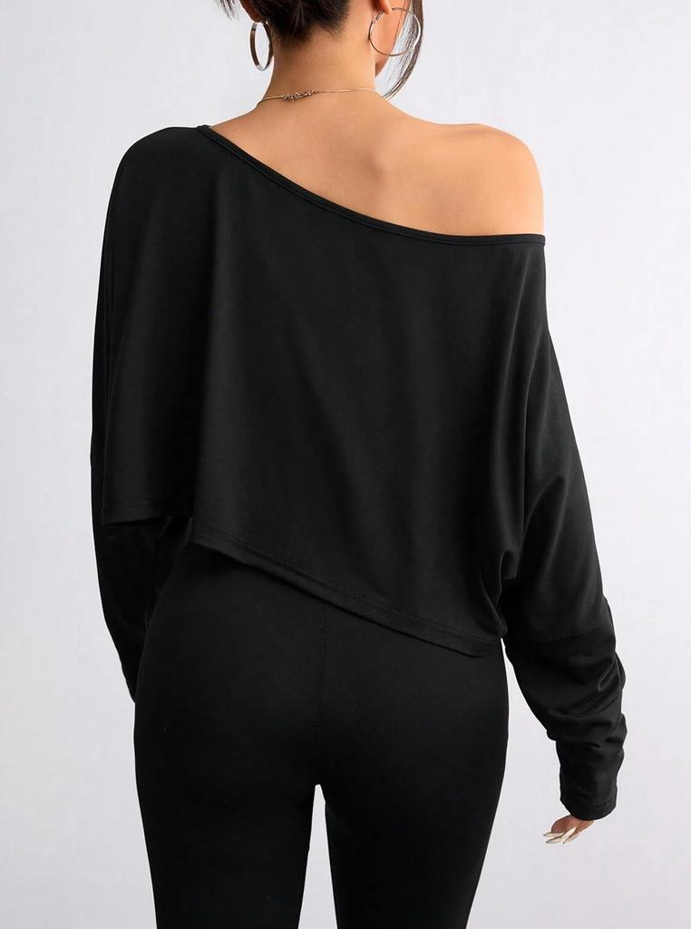 2026 Womens Off Shoulder Long Sleeve Crop Tops Sexy Boat Neck Loose Casual T Shirt