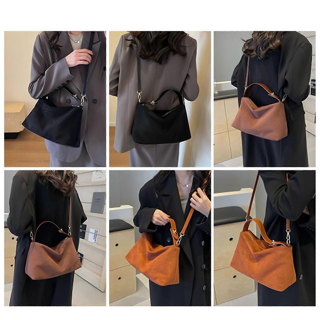 Trendy Faux Sueded Leather Top Handle Handbag for Women with Adjustable Strap Crossbody Shoulder Bag Zippered Purse brown