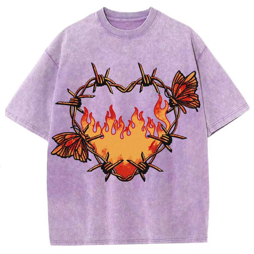 

Женская футболка с принтом пламени и сердец, выстиранная, оверсайз, с коротким рукавом, романтичный элегантный дизайн, топ на каждый день 3XL