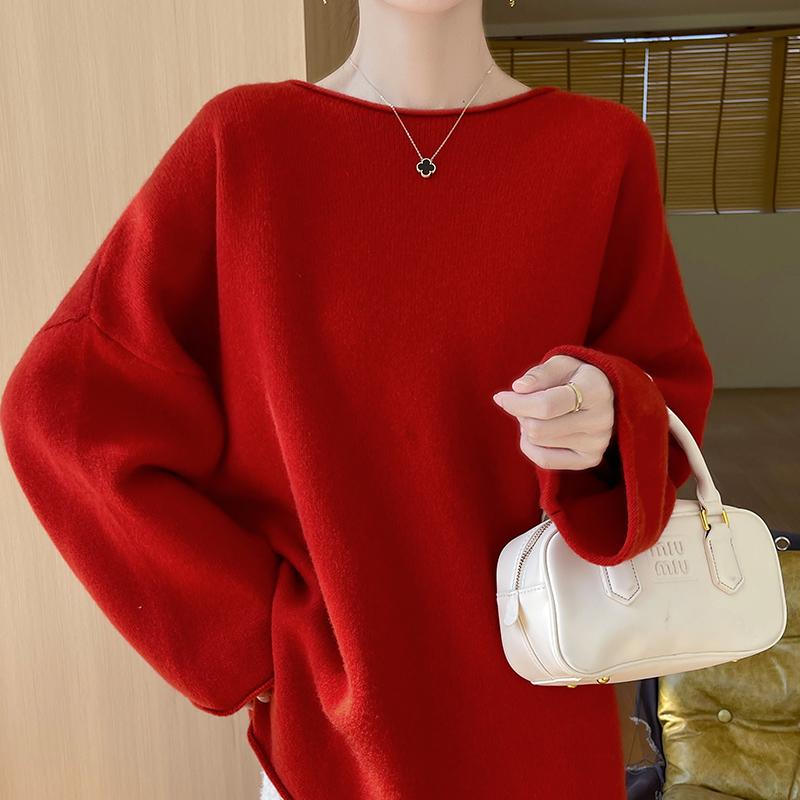 

Women s Loose Fit Cashmere Crew Neck Sweater, Drop Shoulder, Long Sleeve, Mid-Length One Size (90-145 jin)