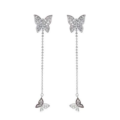 925 Sterling Silver Elegant Double Butterfly Long Tassel Drop Earring For Women Zircon Earrings Jewelry Gifts Wholesale S-E559