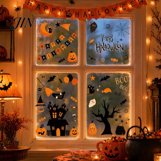 Cartoon Pumpkin Window Cling 4 Sheets Halloween Electrostatic Glass Stickers, Pumpkins Castle Bats Bright Color Decals PVC Waterproof Static