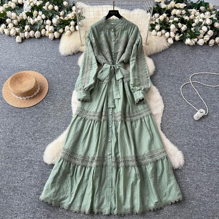 Sexy Vintage Lace Lace Up Glitter A Line Long Sleeve Beach Dress Chic Summer Vacation Vestidos for Women