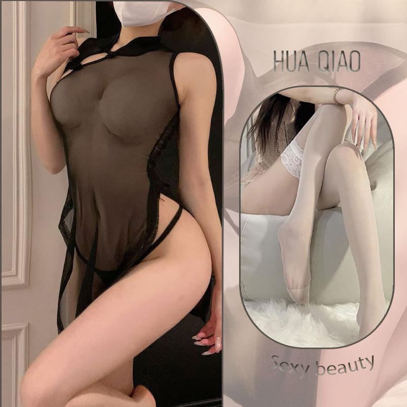 Sex underwear retro sexy cheongsam hollow chest mesh see-through nightdress women flirting sex underwear transparent