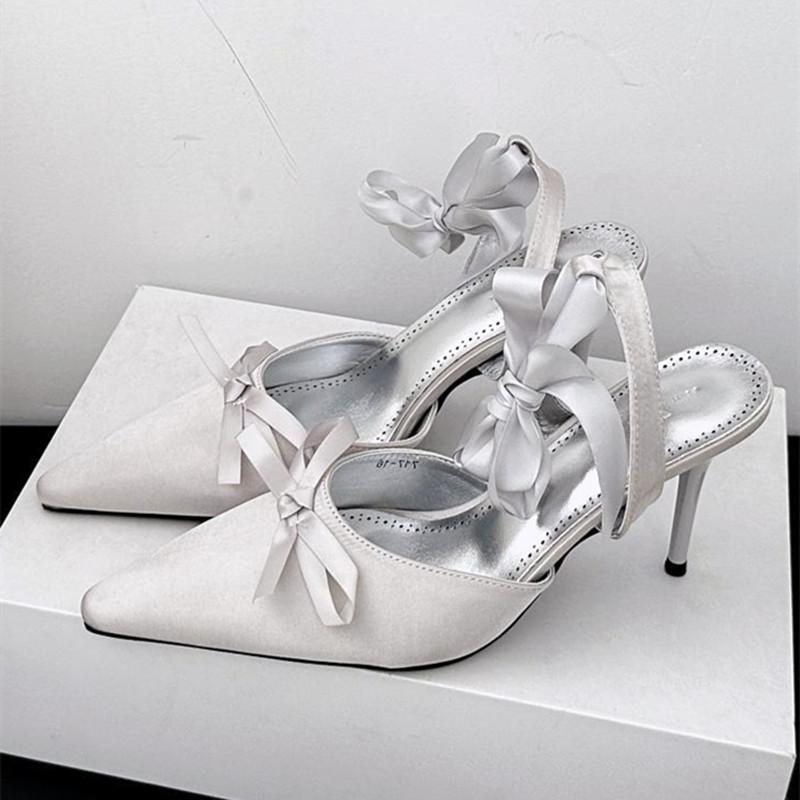 

Fashion Sweet Bow Shallow Pumps Sandals Women High Quality Satin Cross Tied Pointed Toe Slide Sandals Fashion Elegant Party Dress Shoes 40 серебряный
