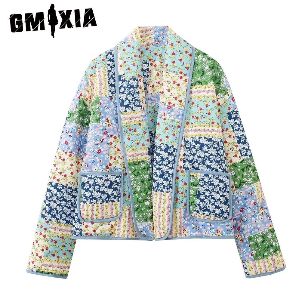 GMXIA Damen Vintage Lässig Floral Print Frühling Herbst Langarm POLO Kragen Jacken & Mäntel